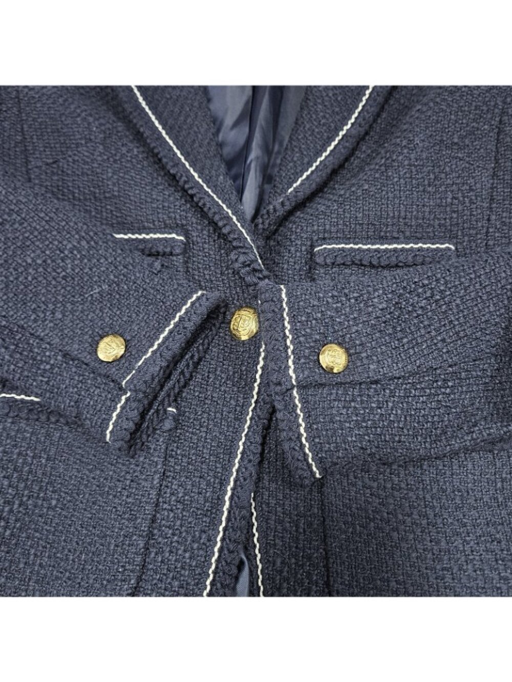 NWT Talbots Navy 100% Cotton Tweed White Stitching Gold Buttons Blazer Jacket 0P - Picture 11 of 14